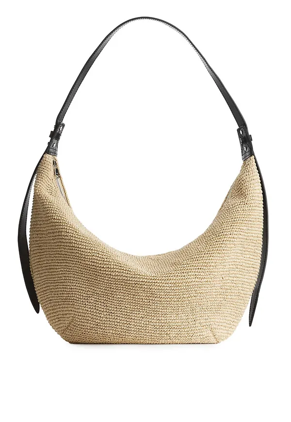 Leather-Trimmed Straw Bag - Beige