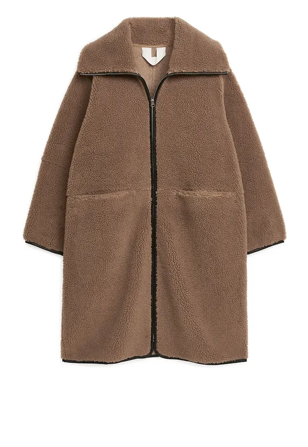 Leather Detailed Pile Coat - Beige