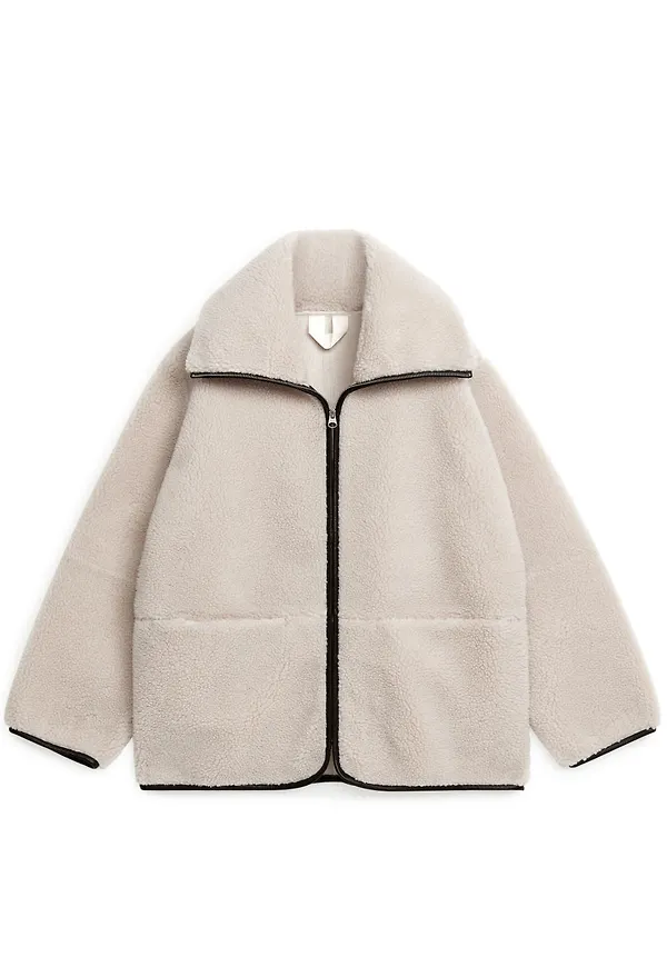 Leather Detailed Pile Jacket - Beige