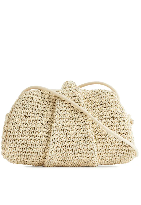 Leather Trimmed Straw Clutch - Beige