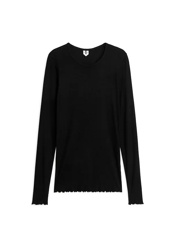 Lettuce-Edge Ribbed Top - Black