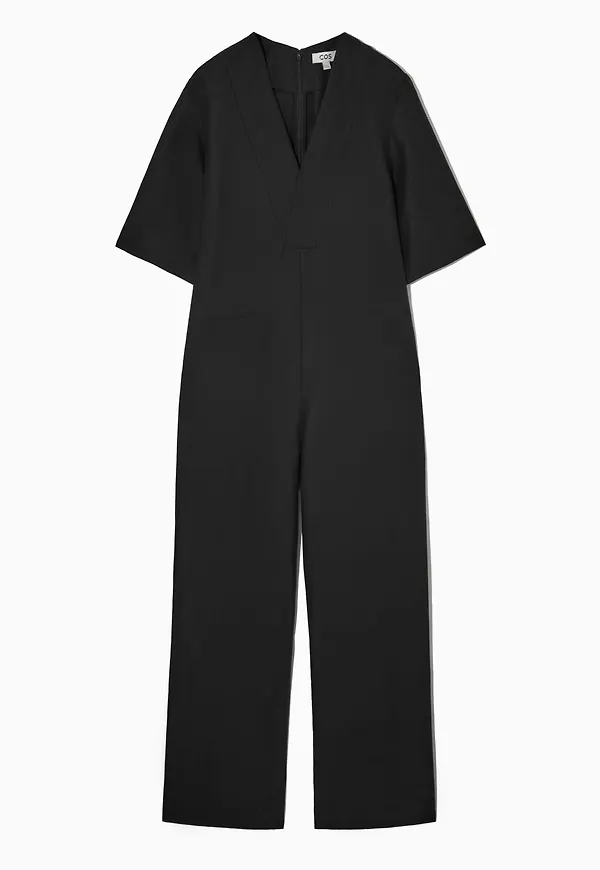 LINEN-BLEND V-NECK SHORT-SLEEVED JUMPSUIT