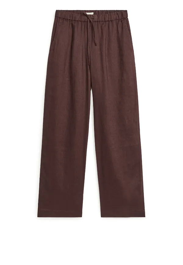 Linen Drawstring Trousers - Brown