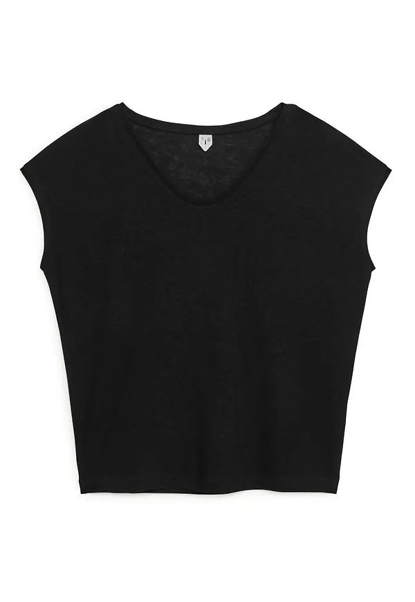 Linen Lyocell Cap Sleeve Top - Black