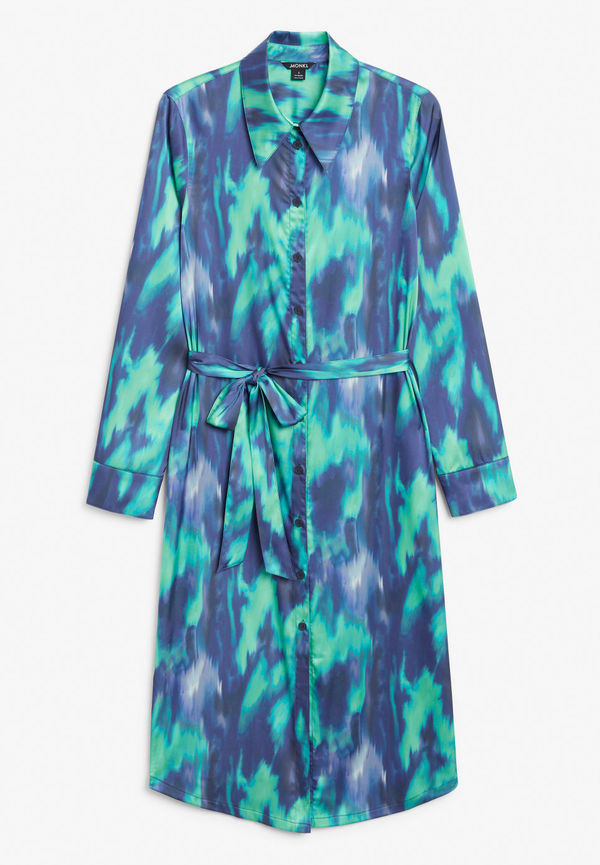 Long-sleeve satin shirt dress - Blue