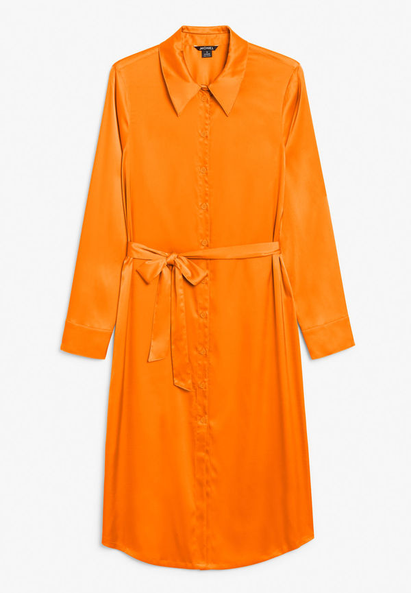Long-sleeve satin shirt dress - Orange