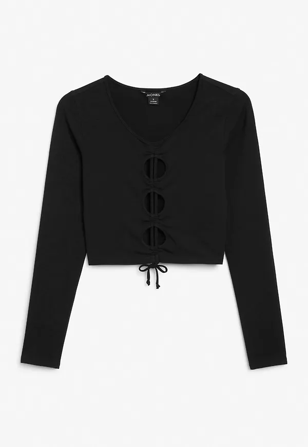 Long-sleeved crop top with drawstring - Black