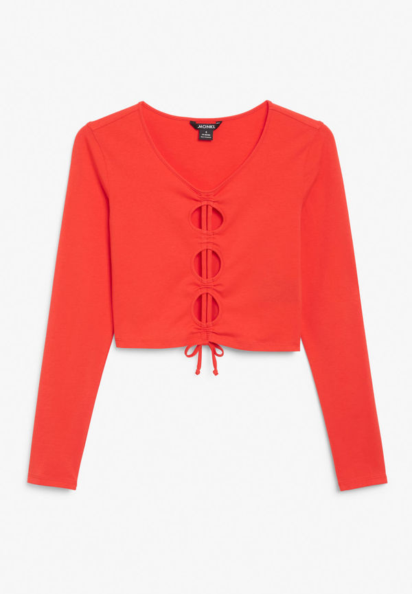 Long-sleeved crop top with drawstring - Red