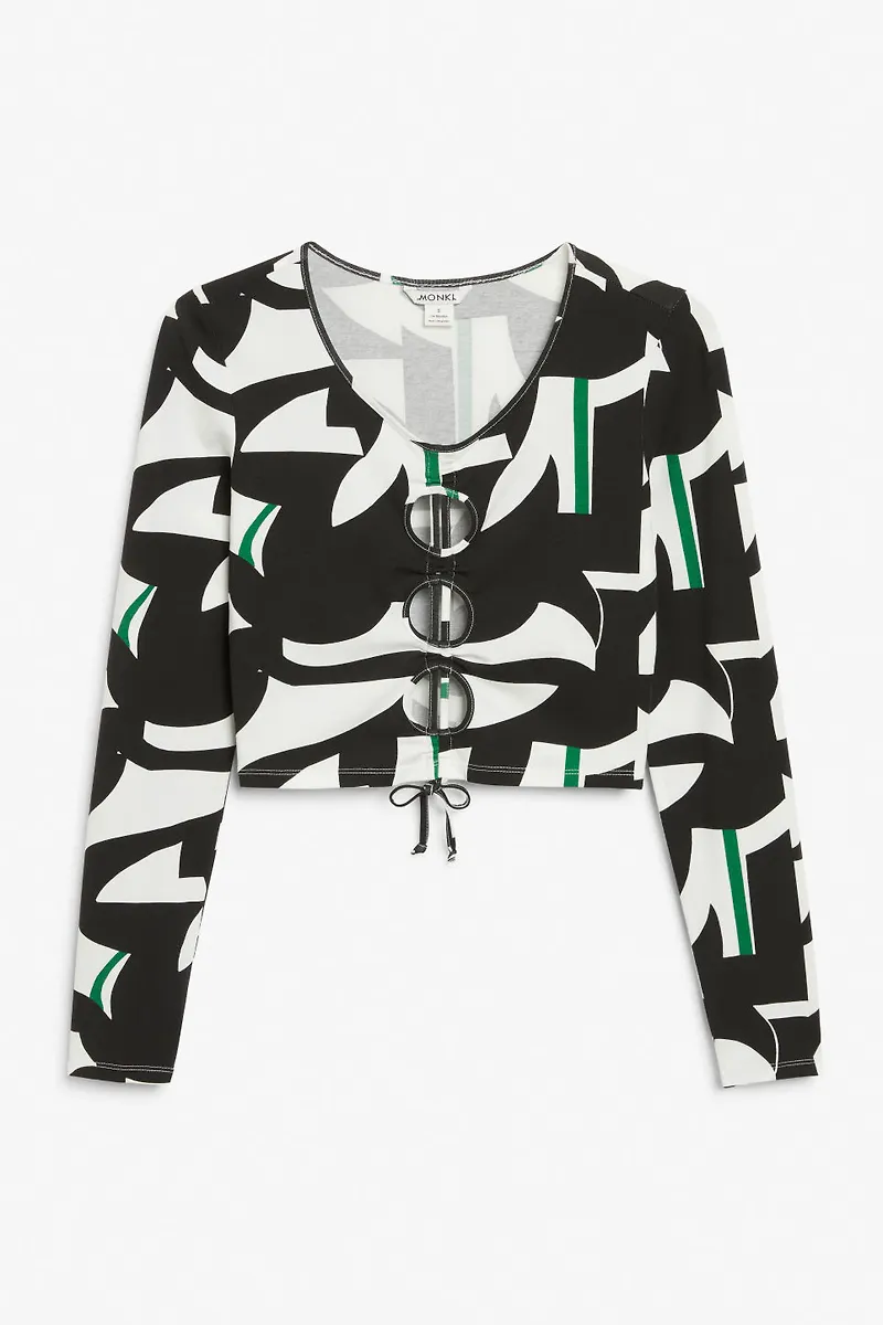 Long-sleeved crop top with drawstring - White