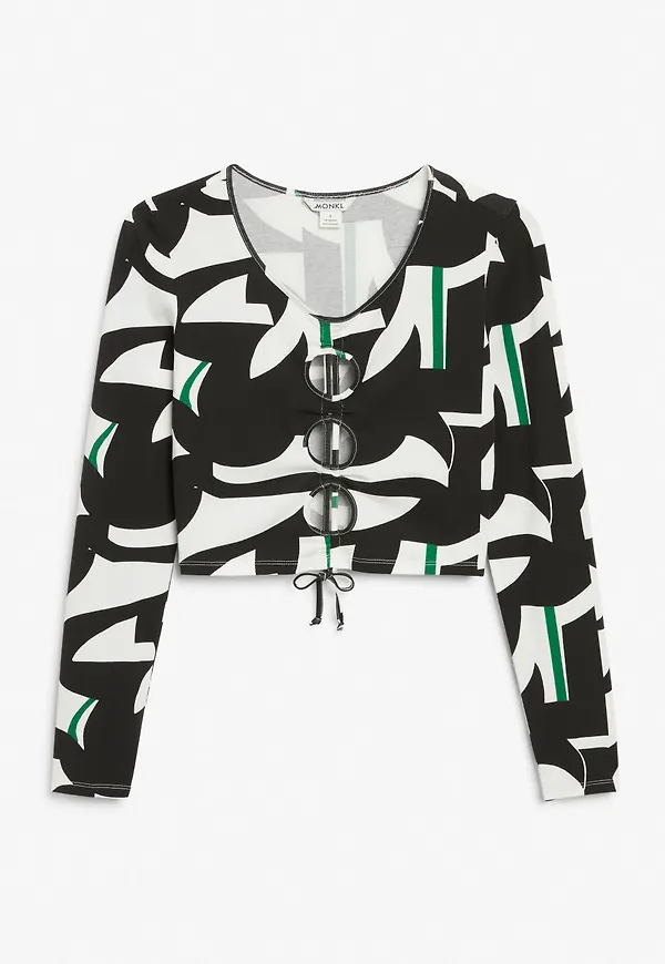 Long-sleeved crop top with drawstring - White