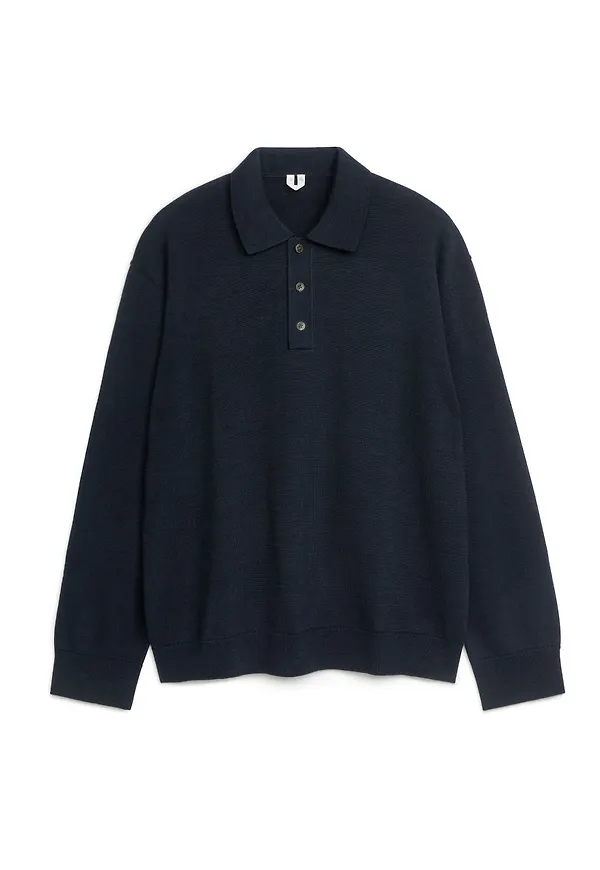 Long-Sleeved Merino Polo Shirt - Blue