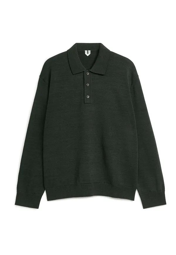 Long-Sleeved Merino Polo Shirt - Green
