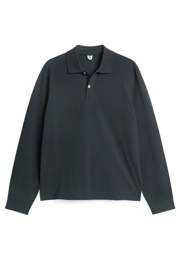 Long-Sleeved Piqué Polo Shirt - Blue