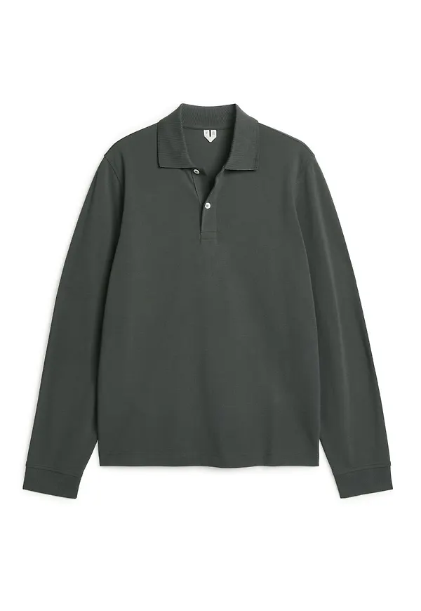 Long-Sleeved Piqué Polo Shirt - Grey