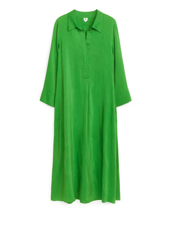 Long Linen Blend Dress - Green
