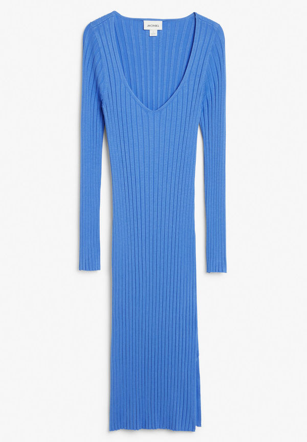 Long sleeve knit midi dress - Blue
