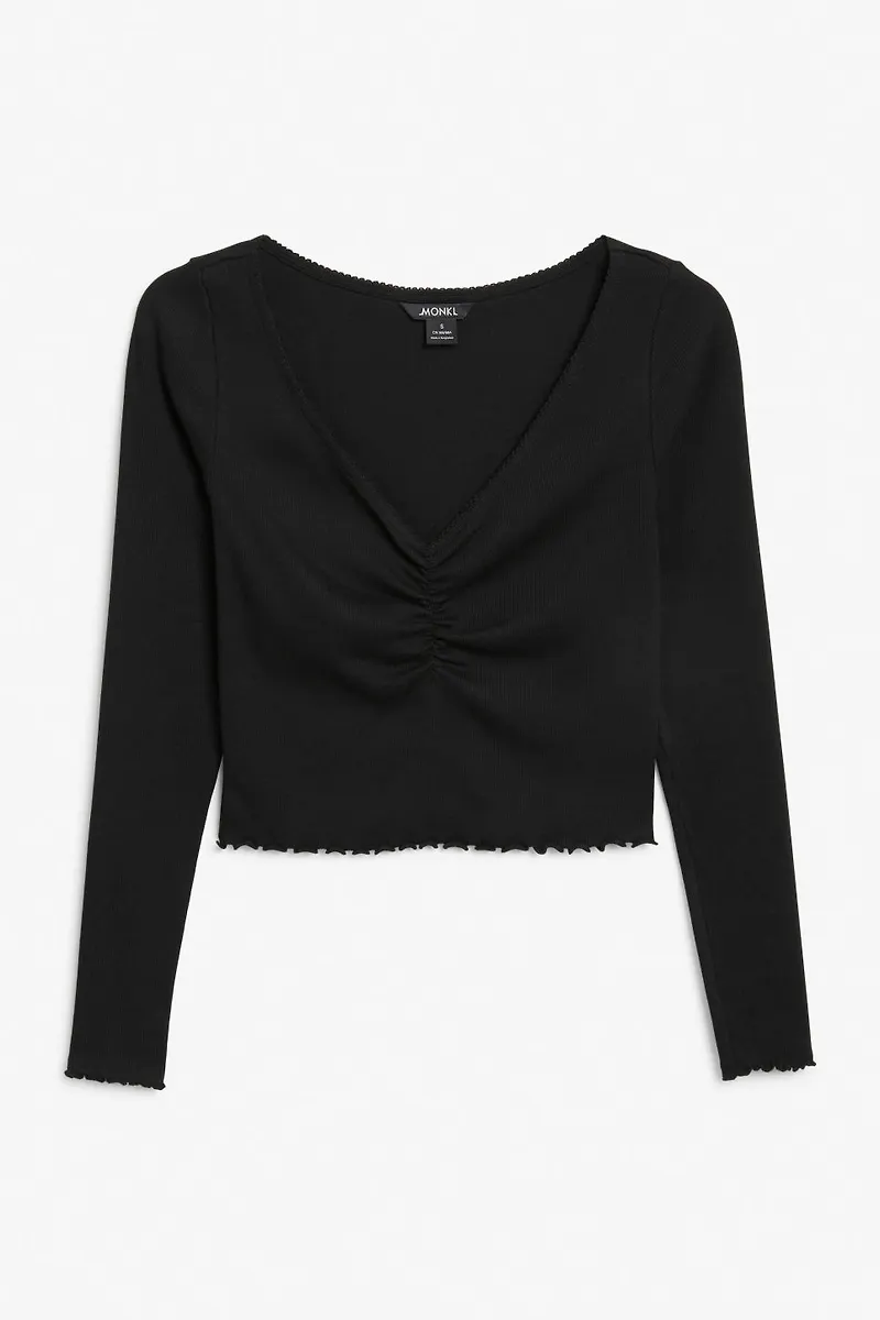 Long sleeve lettuce hem cropped top - Black