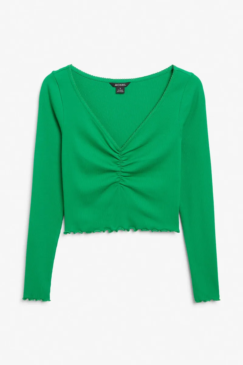 Long sleeve lettuce hem cropped top - Green
