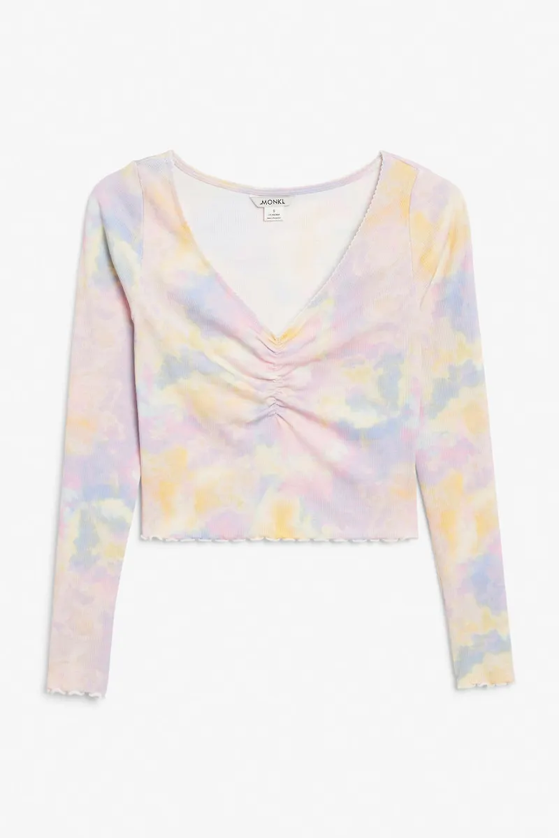 Long sleeve lettuce hem cropped top - Pink