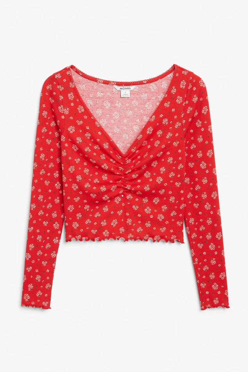 Long sleeve lettuce hem cropped top - Red