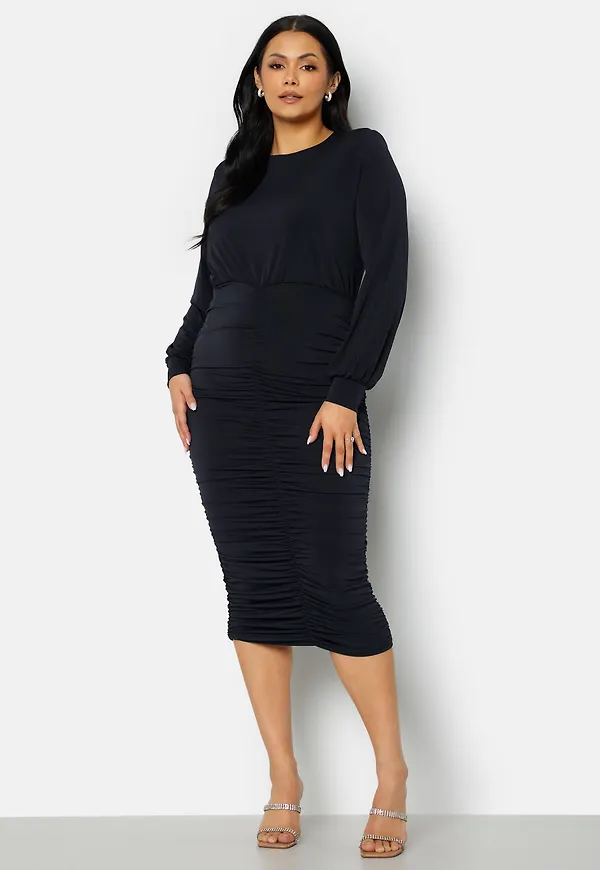 Long Sleeve Rouched Midi Dress