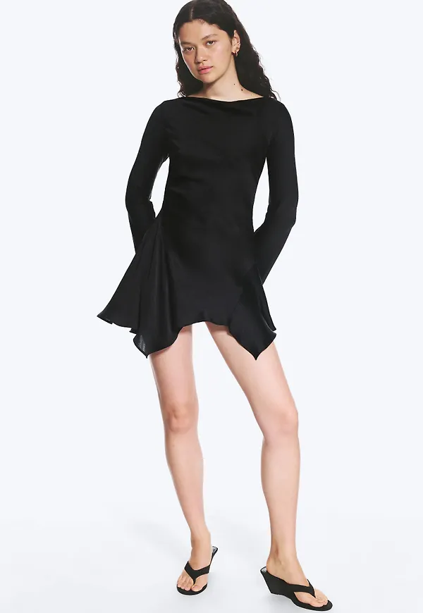 Long-Sleeved Asymmetric Satin Mini Dress