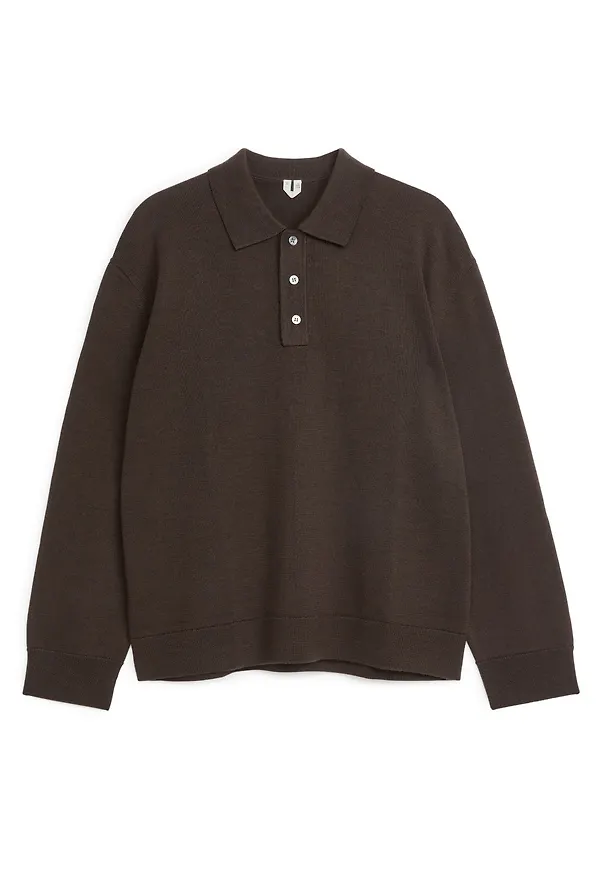 Long-Sleeved Merino Polo Shirt - Beige
