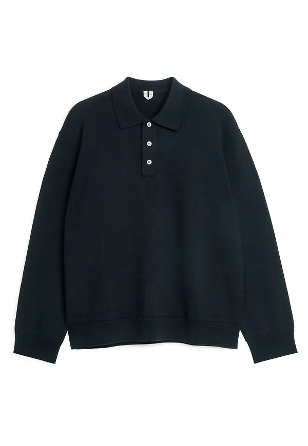 Long-Sleeved Merino Polo Shirt - Black