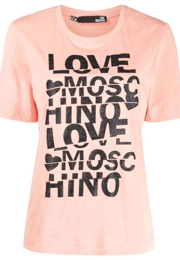 Love Moschino glittrig t-shirt med grafiskt tryck - Rosa