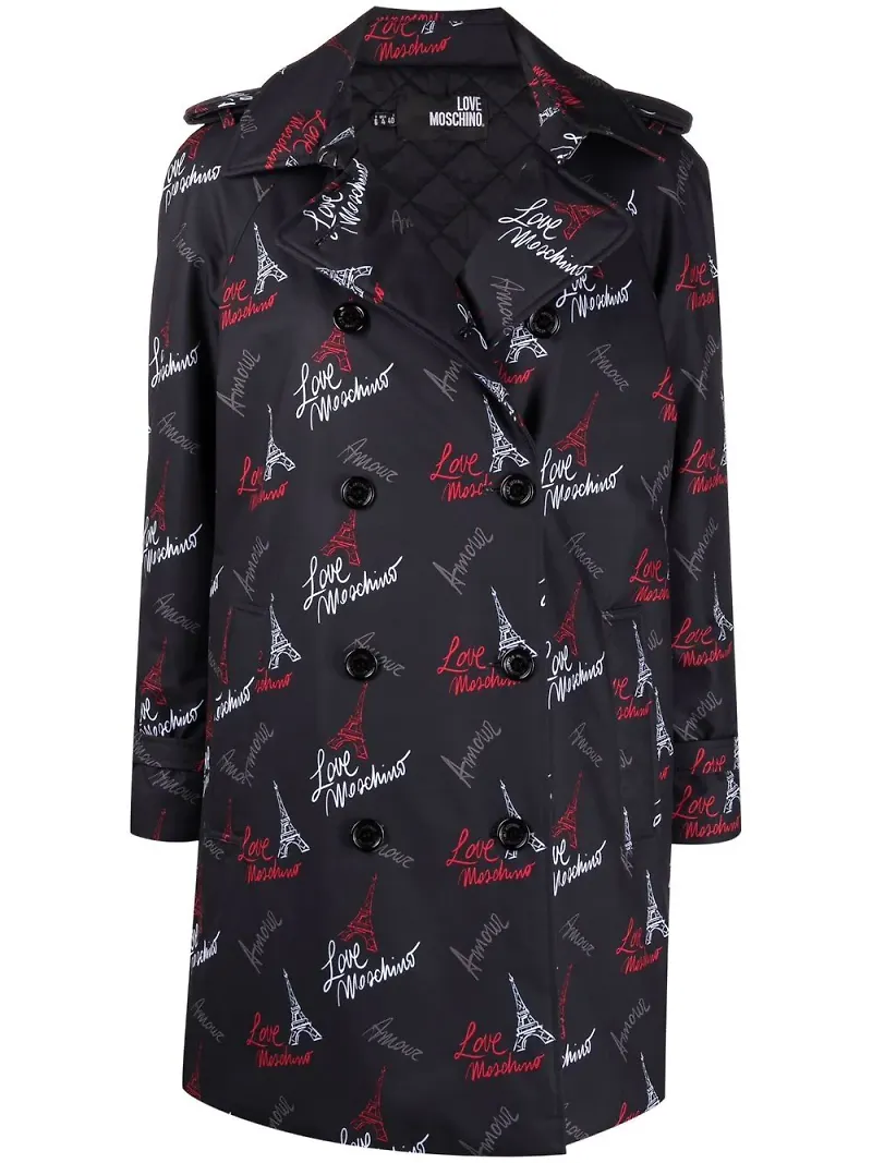 Love Moschino trenchcoat med grafiskt tryck - Svart