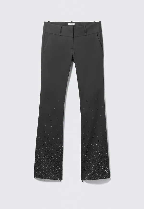 Low Rise Zip-Hem Satin Rhinestone Trousers