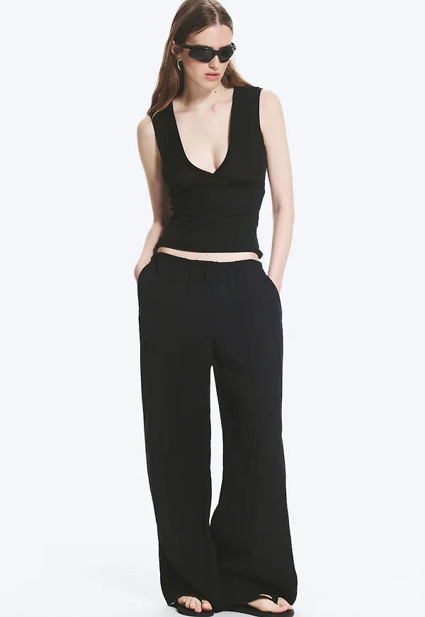 Low wide pull-on crinkle trousers