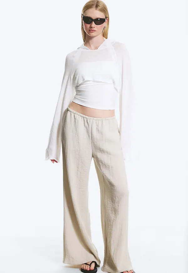 Low wide pull-on crinkle trousers