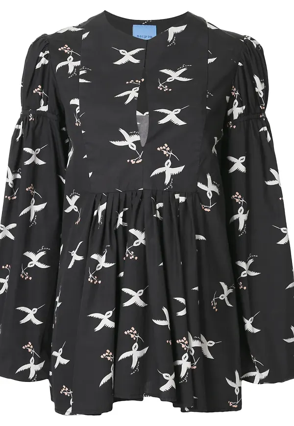Macgraw blus med puffärm och fågelmotiv - Svart