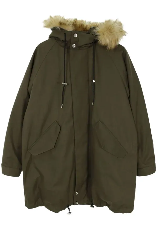 Mackintosh parkas med huva och konstpälskant - Grön