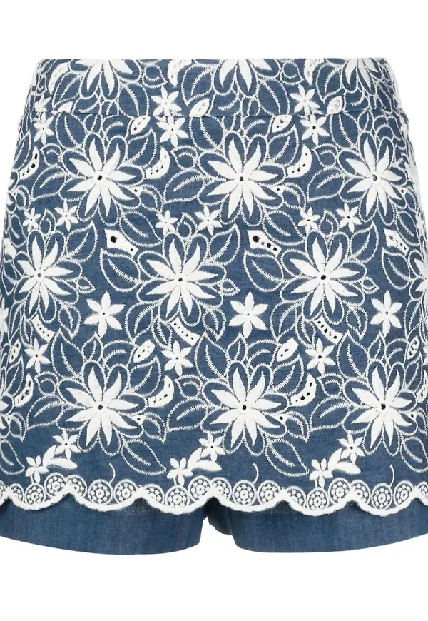 Maje shorts med blomsterbrodyr - Blå