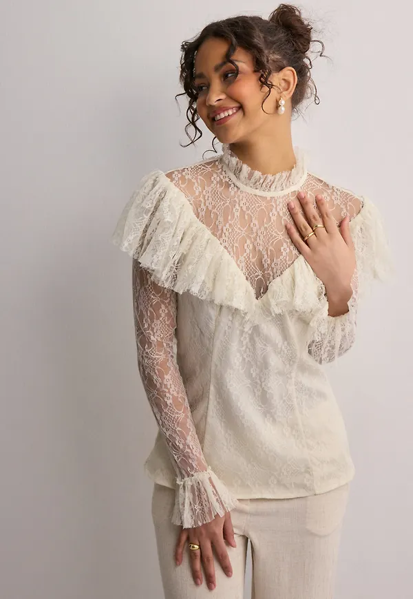 Malina - Beige - Joelle polo neck lace top