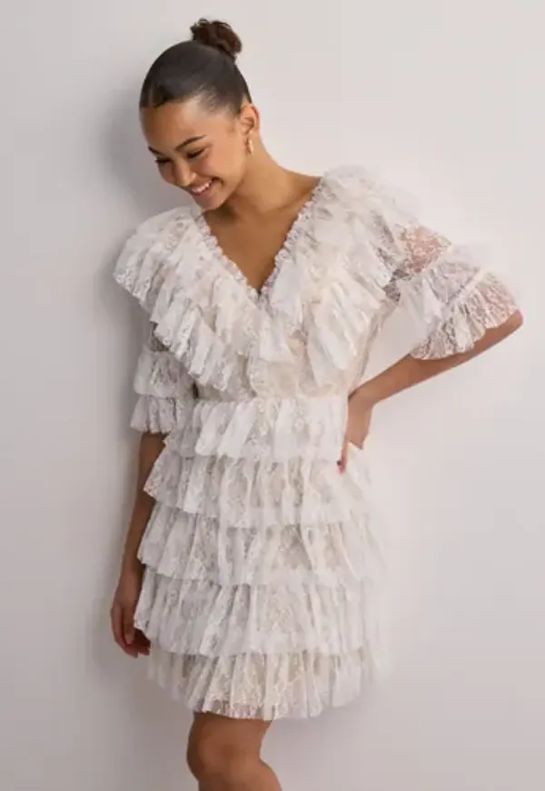 Malina - Vit - Sky v-neck frill mini lace dress