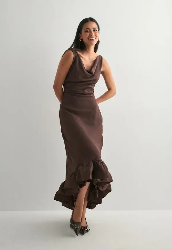 Malina - Brun - Alia Cowl Neck Ruffled Maxi dress