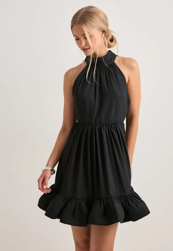 Malina - Svart - Fern Halterneck Ruffled Mini D