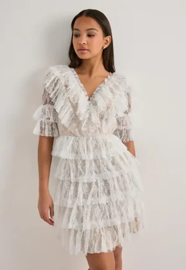 Malina - Vit - Sky v-neck frill mini lace dress – Nelly