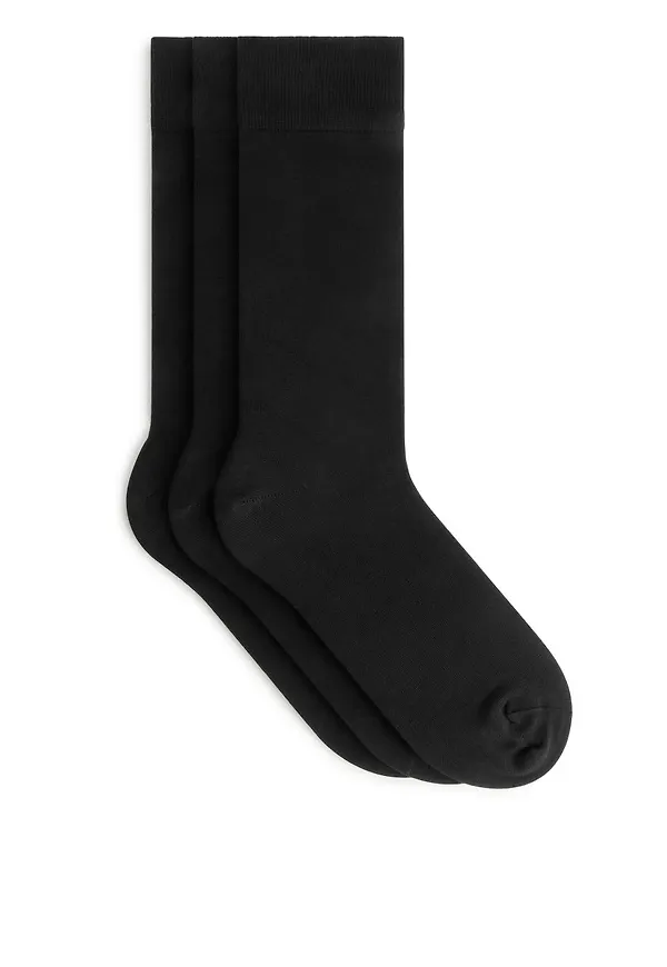 Mercerised Cotton Socks, 3 Pairs - Black