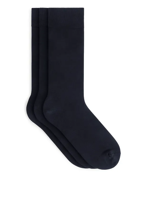 Mercerised Cotton Socks, 3 Pairs - Blue