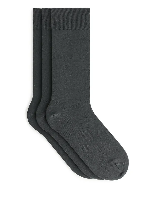 Mercerised Cotton Socks, 3 Pairs - Grey