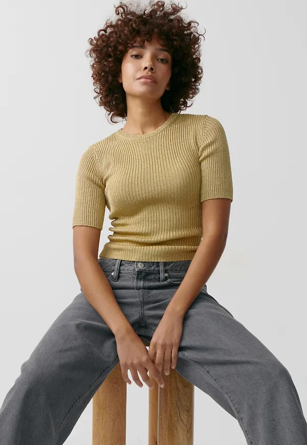Gina Tricot - Metallic knitted tee - Stickade tröjor med kort ärm - Guld - XS - Dam