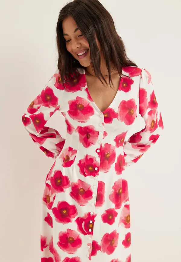 Midi Button Volume Sleeve Dress