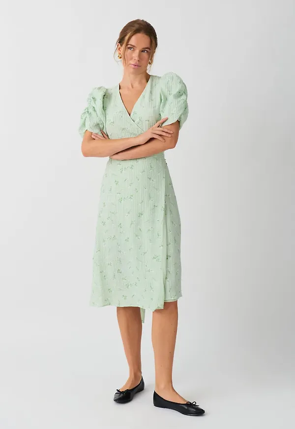Midi wrap puff sleeve dress