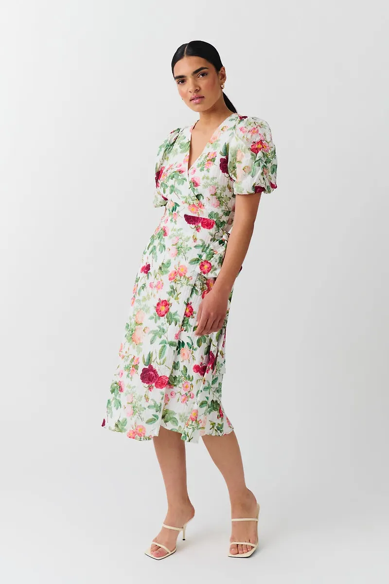 Midi wrap puff sleeve dress