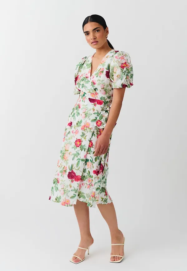 Midi wrap puff sleeve dress