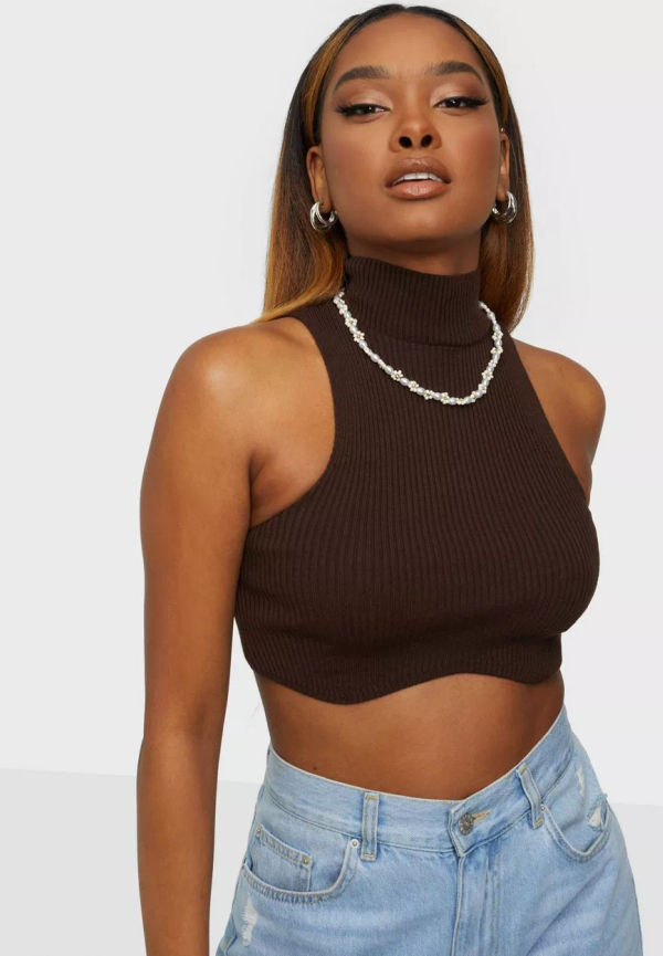 Missguided - Crop tops - Chocolate - High Neck Racer Knitted Top - Toppar & T-shirts